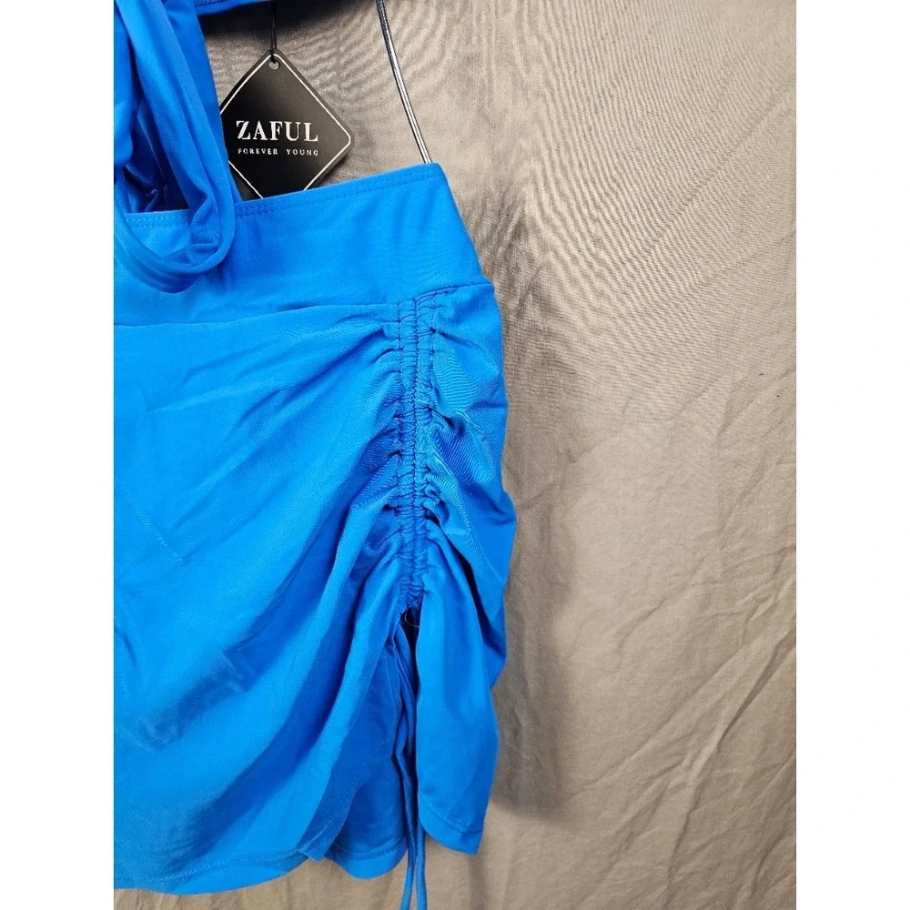 Zaful Blue Two Piece Swimsuit Set Front Tie Bikini Top Ruched Skirt XL NEW